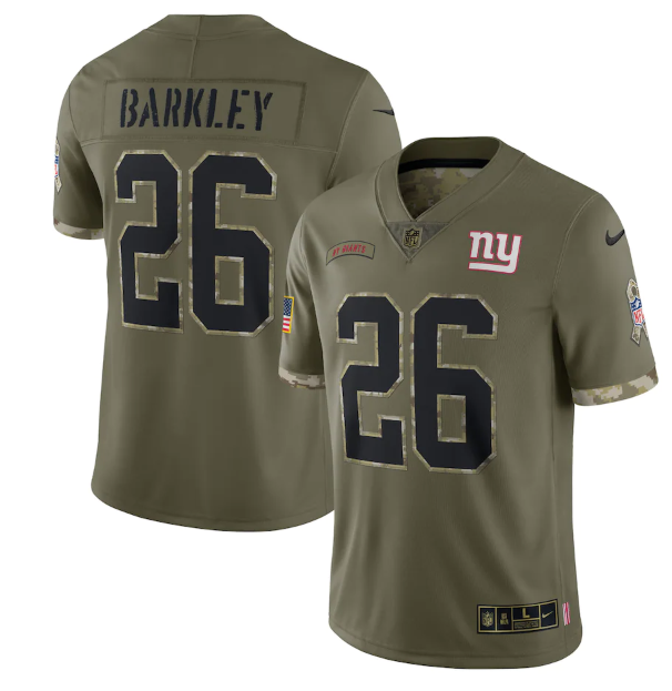 Men's New York Giants #26 Saquon Barkley Olive 2022 Salute To Service Limited Stitched Jersey